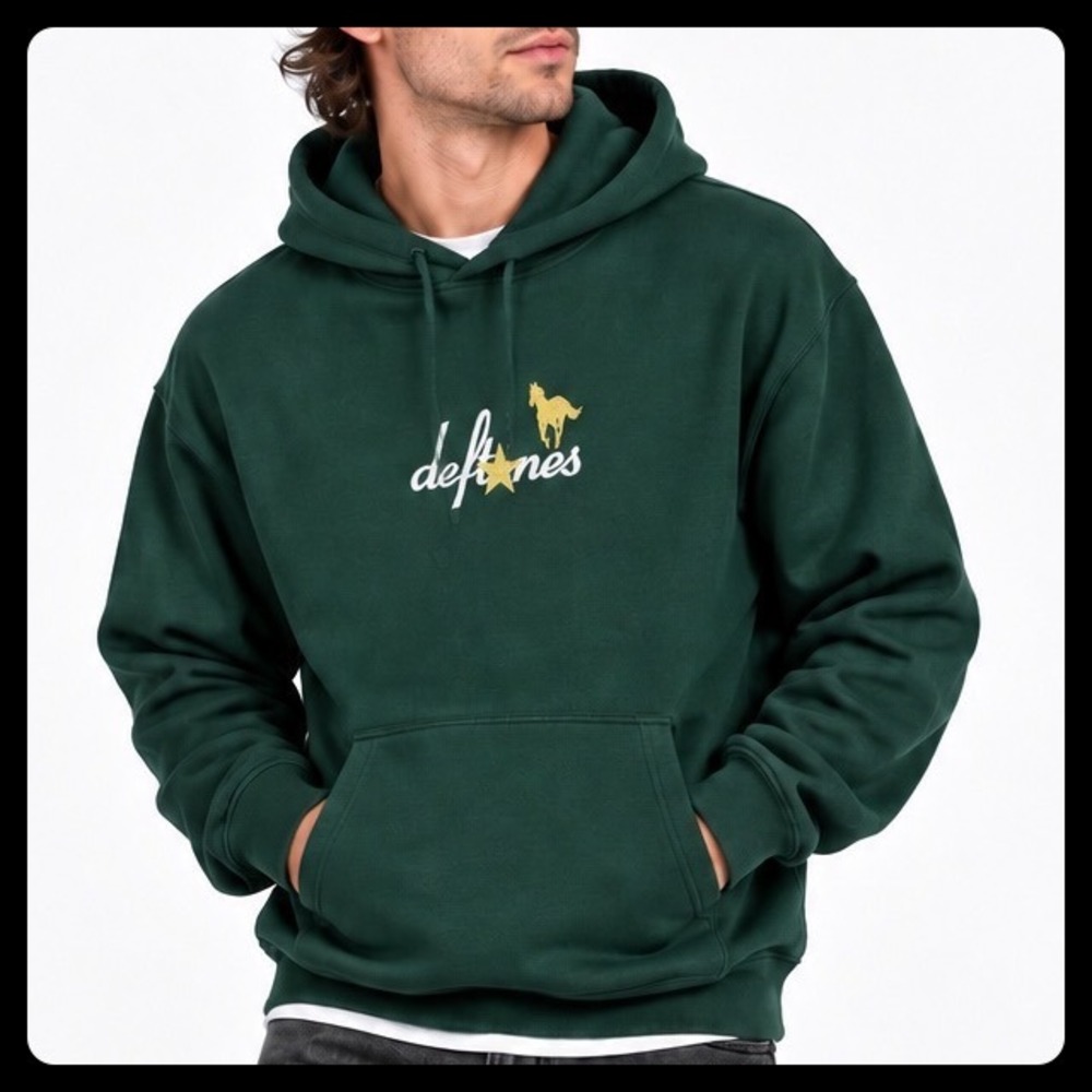 Deftones Yellow Pony Star Hoodie Men Medium Green Embroidered Hanes Nu Metal